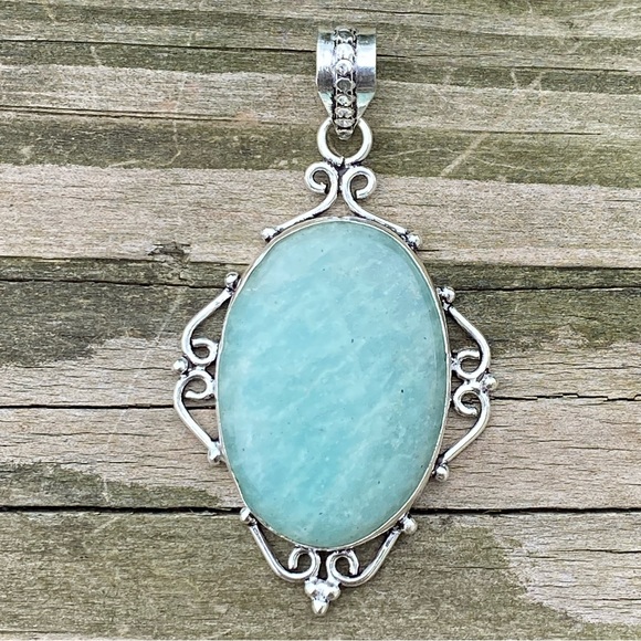 Large Genuine Amazonite pendant .925 Sterling Silver large natural Amazonite - Picture 2 of 9